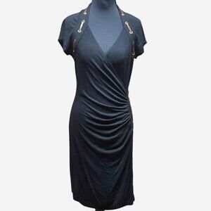 Carmen Marc Valvo Dress Medium Midi Black Leather Accent Bodycon Wrap V-neck
